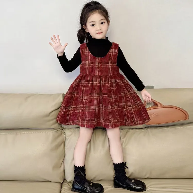 女童公主裙套装2025秋冬新款儿童格子连衣裙女宝宝韩版背心裙加厚