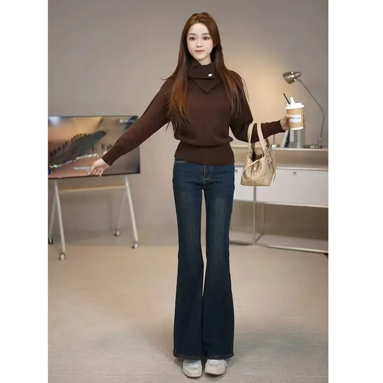 6001 直筒高腰加绒加厚水洗牛仔喇叭裤时尚秋冬款