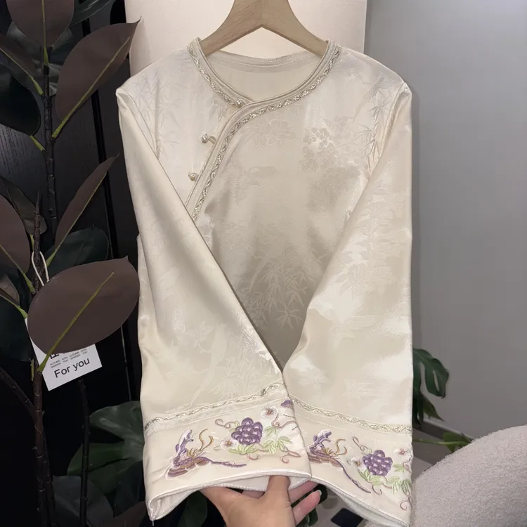“紫葡萄”刺绣加绒上衣 新款新中式重工提花显瘦加绒加厚气质衬衣