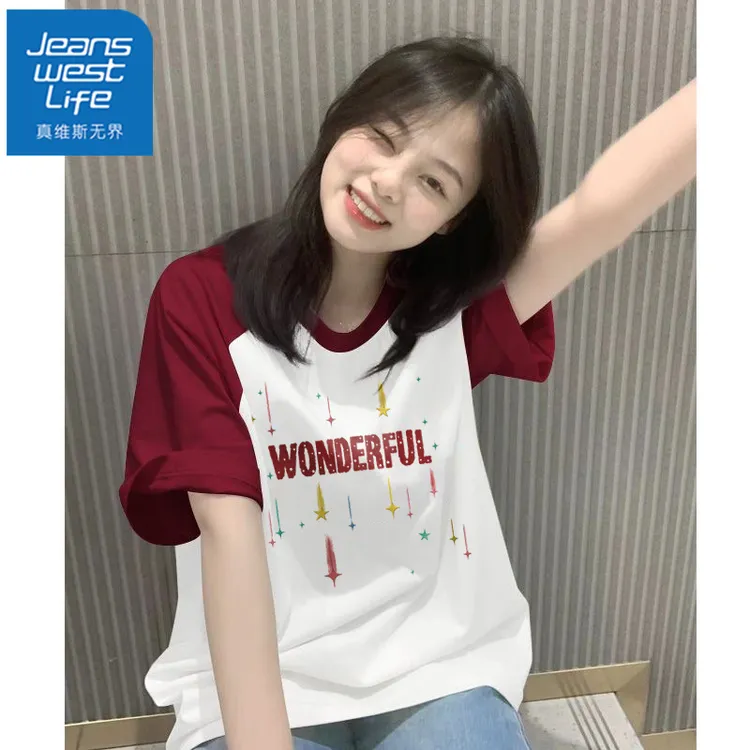 真维斯无界纯棉酒红色撞色短袖t恤女款爆款夏季2025新款宽松美式