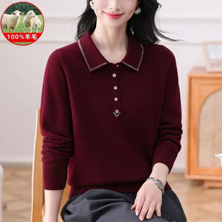 2025秋冬新款中年女士翻领100%绵羊毛针织羊毛衫翻领妈妈装假开衫