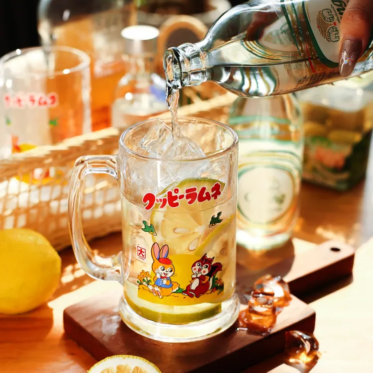 日式印花松鼠兔子糖玻璃杯创意可爱啤酒杯带把喝水杯子果汁饮料杯