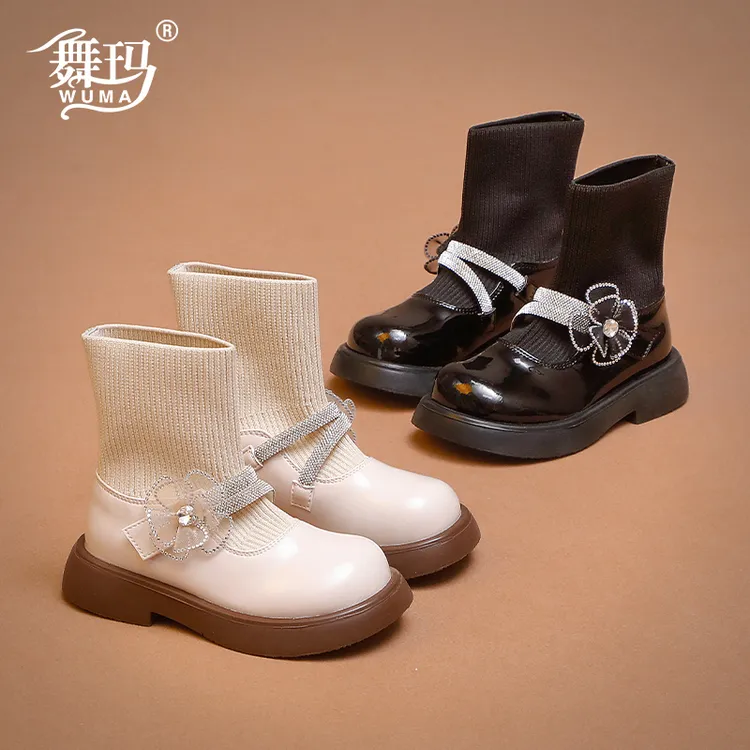 舞玛女童鞋子儿童袜口靴2025新款秋冬季公主靴中筒加绒单靴548603
