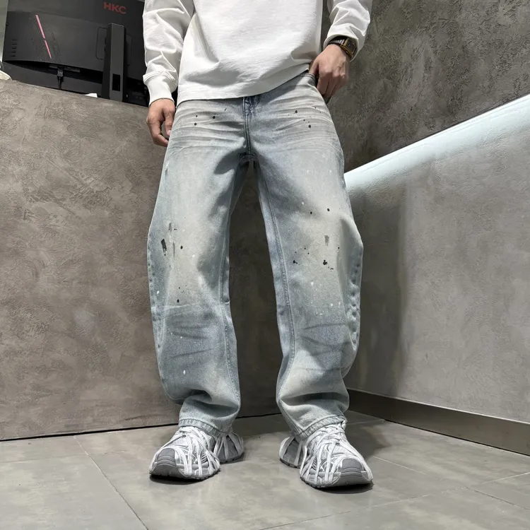 高级浅蓝色摔漆牛仔裤男士洗水美式直筒复古宽松潮流设计感百搭
