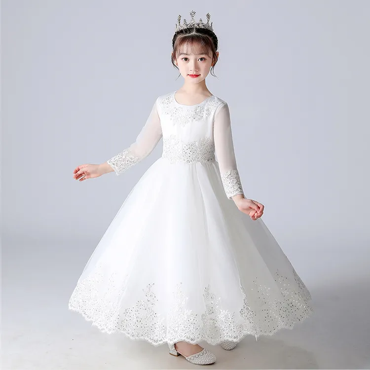 夏季花童装白色蕾丝礼服现货女长款公主裙网袖网纱裙子连衣裙儿童