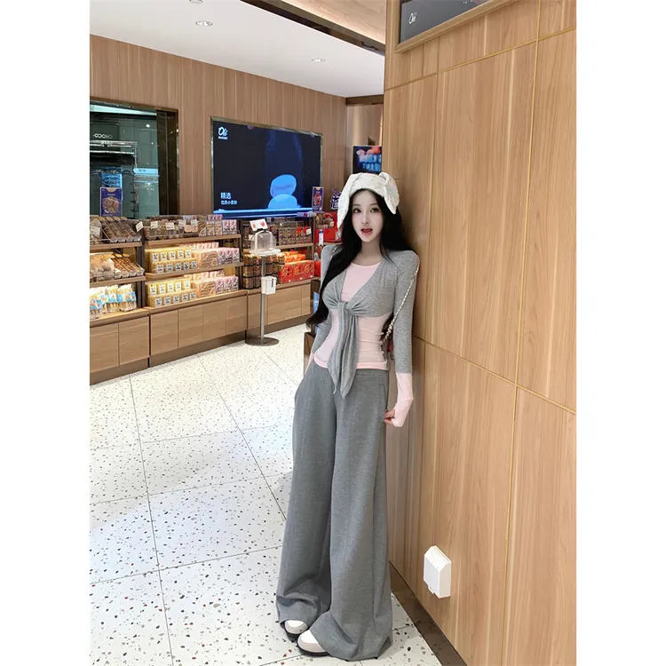 秋季时尚新款套装假两件显瘦长袖上衣+空气层宽松百搭阔腿休闲裤
