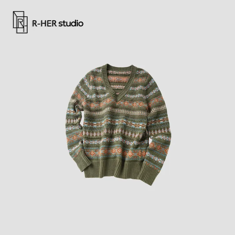 R-HER“冬韵浓”秋冬提花复古均码百搭宽松时尚常规款毛针织衫S1097