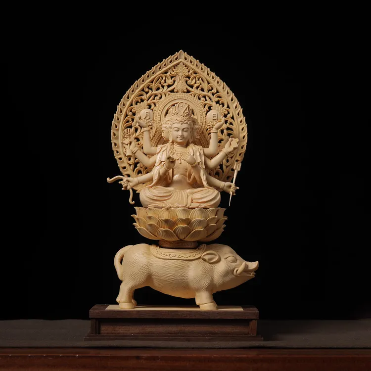 桧木木雕摩利支天斗姆元君摆件三面八臂具光佛母支天寺庙藏式神像