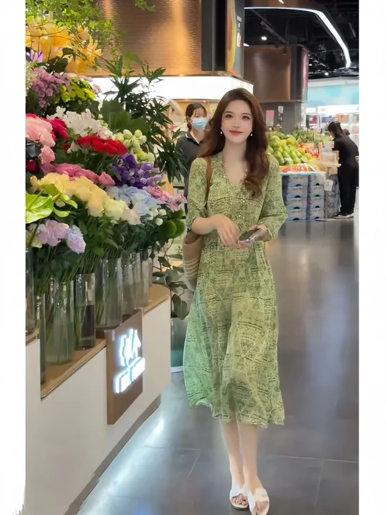 夏季时尚轻奢气质慵懒法式V领连衣裙女2025新款显瘦绿色碎花小众