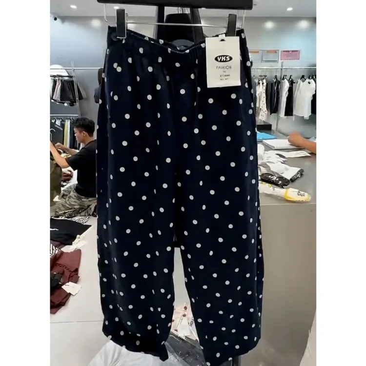 大码松紧腰波点九分直筒休闲裤女2025夏季薄款宽松显瘦遮胯阔腿裤