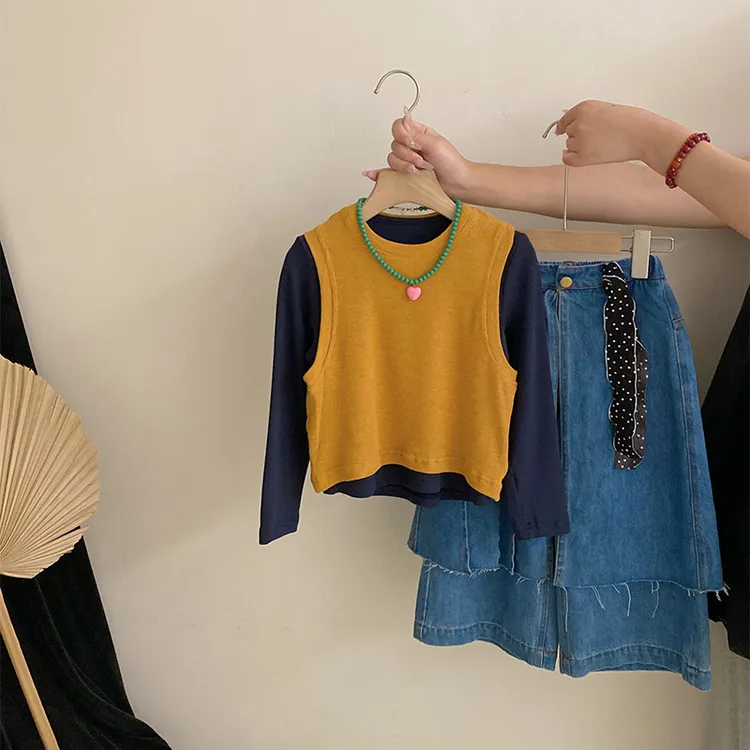 【安安家】韩版女童针织背心打底上衣秋季新款牛仔裙裤三件套R25502
