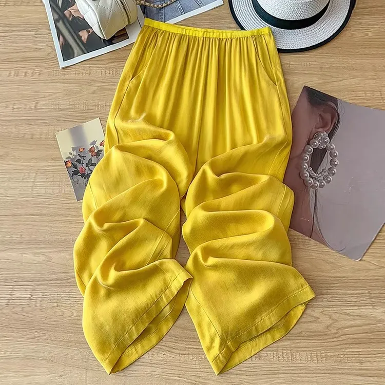 黄色铜氨丝阔腿裤女夏薄款2025新款冰丝垂感防晒裤慵懒风休闲裤子