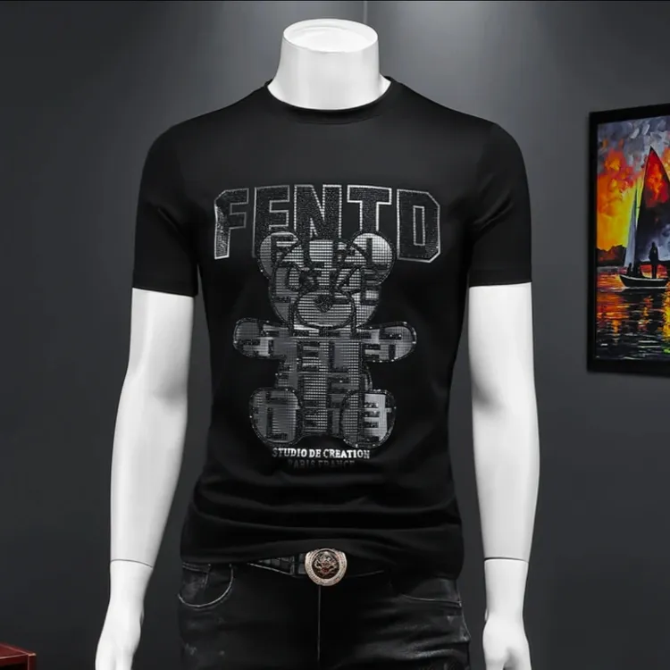 广州高档莱卡新款男士烫钻短袖t恤潮流休闲时尚潮牌轻奢半袖上衣