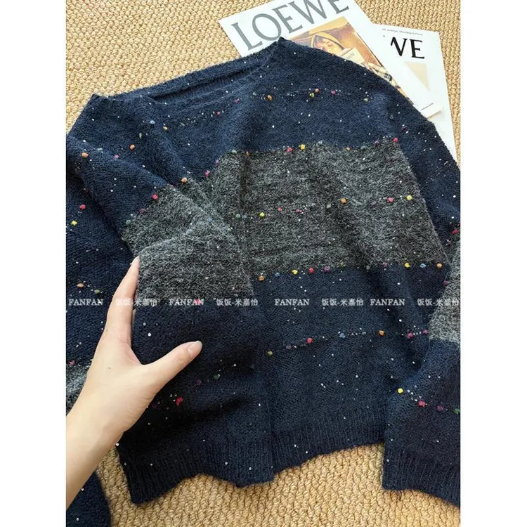 【彩豆亮片】慵懒风彩球秋冬新款圆领拼色宽松针织衫女毛衣百搭潮