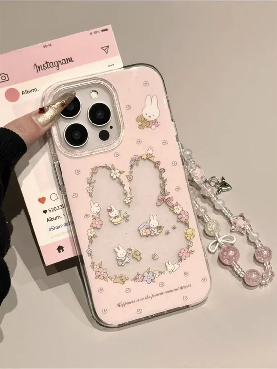 粉色镂空花边细闪米菲兔手机壳适用苹果17promax/16可爱韩系ins