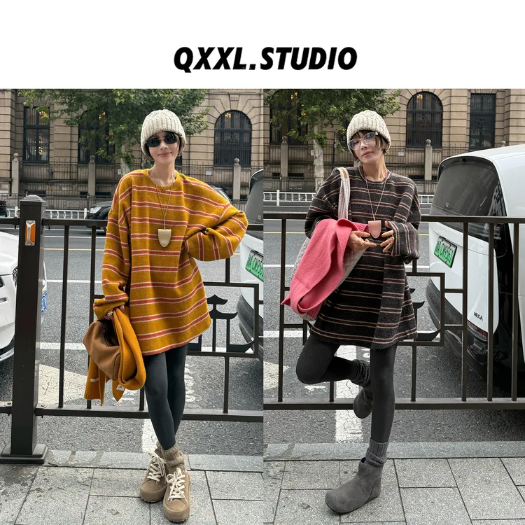 邱小小丽呀 秋冬新款慵懒风条纹针织衫女休闲百搭氛围感长袖上衣