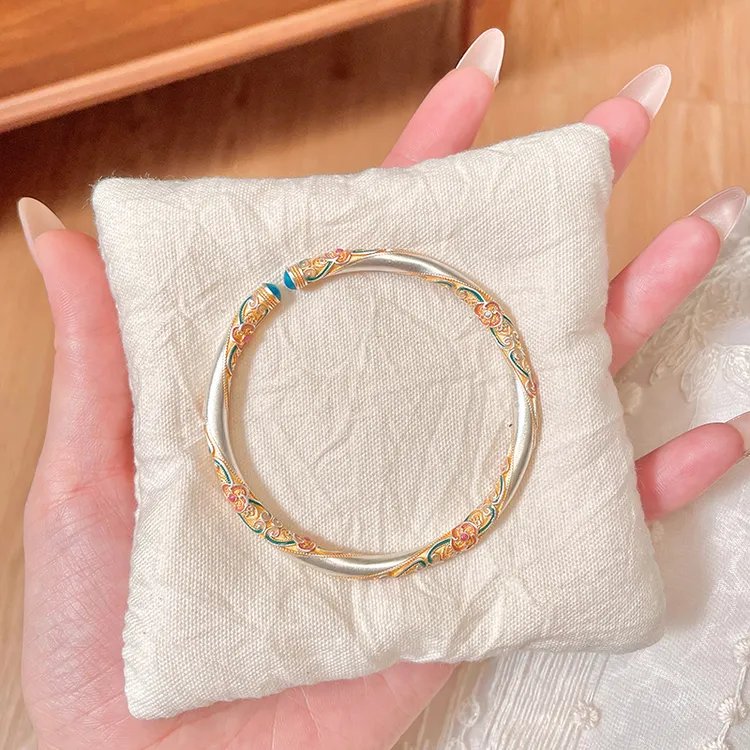 足银珐琅手镯 「黛樱木」足银999.9宫廷彩手镯女描金时尚开口银手镯