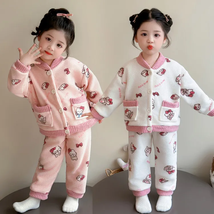 公主风女童法兰绒睡衣秋冬季加厚保暖开衫小女孩珊瑚绒家居服