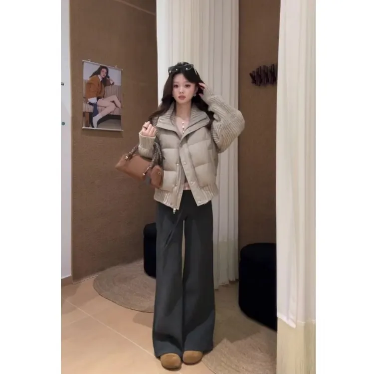 parkyeon韩系加厚保暖针织拼接棉服外套女高腰显瘦抽绳休闲裤套装