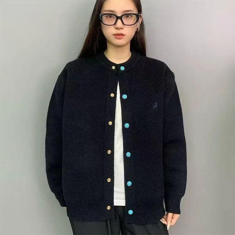 潮流新款刺绣复古开衫男女秋冬宽松休闲百搭情侣毛衣针织纽扣外套