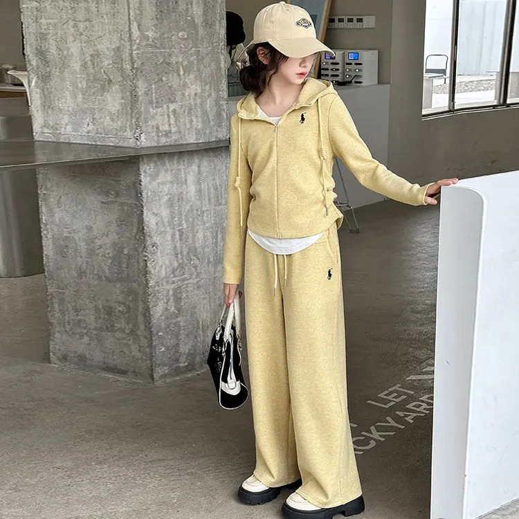 女童春秋新款中大童洋气韩版时尚针织连帽纯色刺绣假两件休闲套装