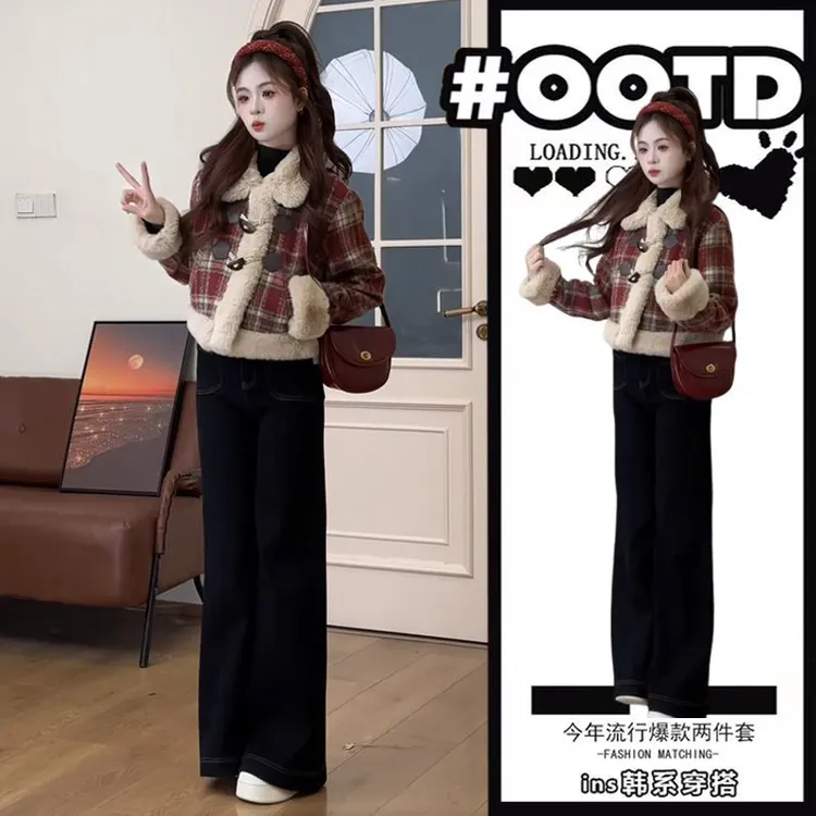 春季穿搭一整套女2025新款韩系复古小香风外套高腰牛仔裤两件套装