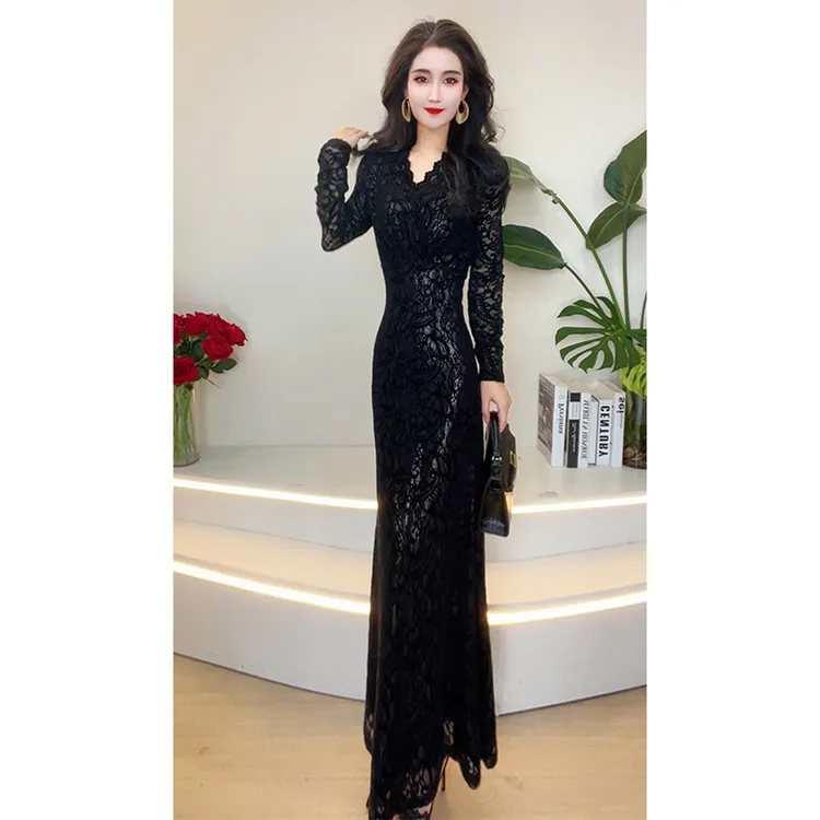 2025女秋冬季新款绒面蕾丝高级感性感气质修身亮闪打底连衣裙9989