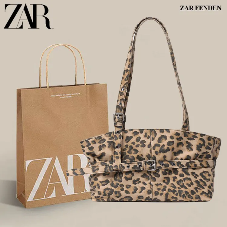 ZAR FENDEN韩素希同款豹纹单肩包手提机车包复古大容量通勤托特包