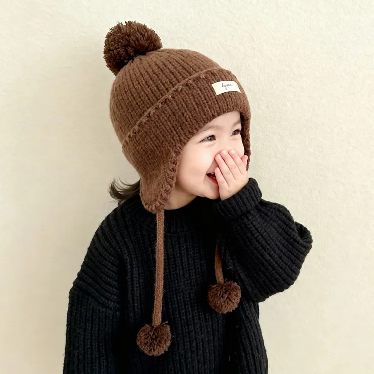 儿童帽子秋冬季男童女童针织护耳帽可爱球球系带套头帽户外保暖帽