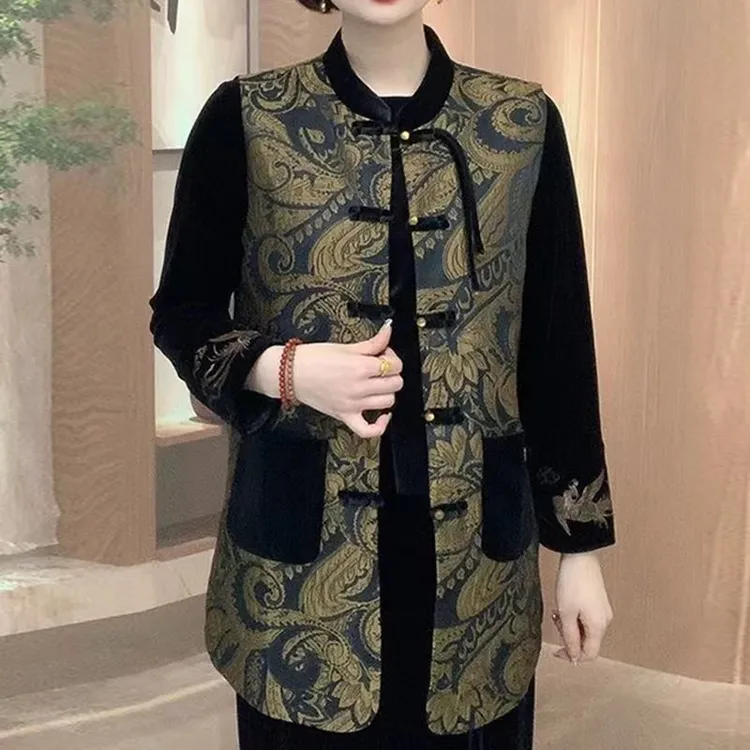 中长款马甲中式盘扣复古马夹秋冬新款中老年妈妈无袖坎肩百搭背心