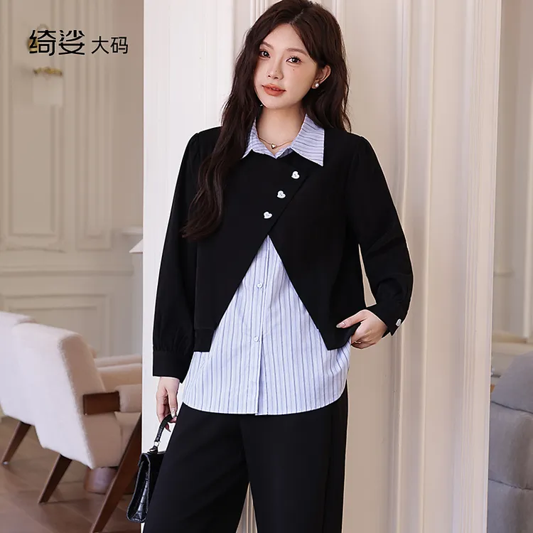 绮娑大码女装条纹衬衫假两件长袖斜纹磨毛上衣