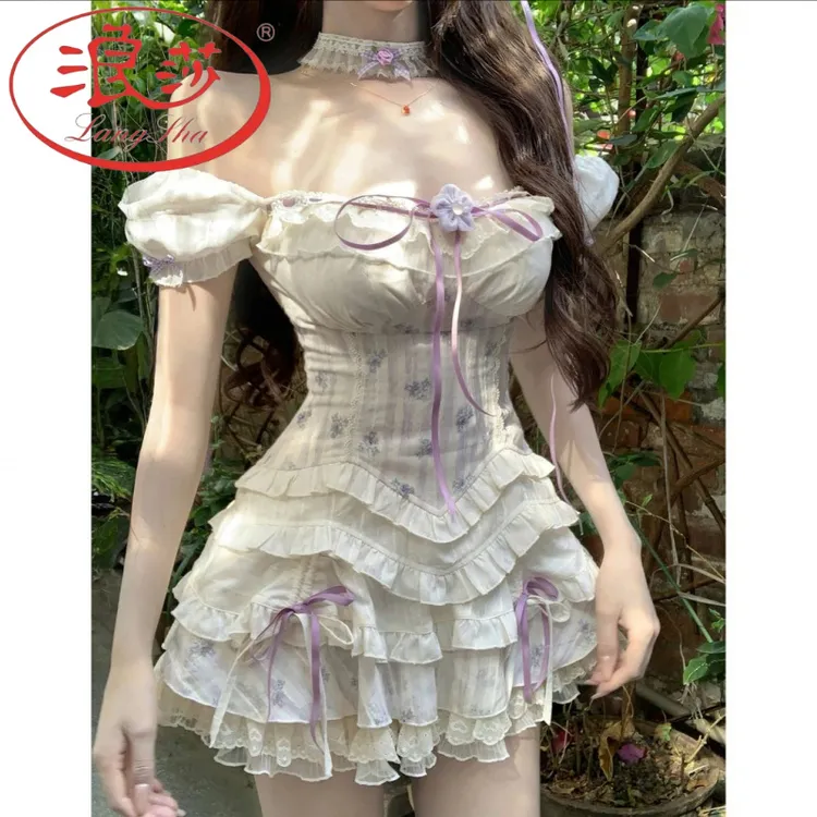 浪莎夏季新款浪漫清新风独特设计无袖上衣搭配显瘦蓬蓬半身裙套装