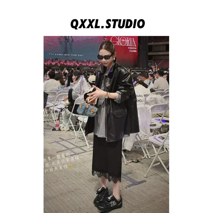 邱小小丽呀 秋季新款复古翻领pu皮外套女宽松休闲中长款皮夹克