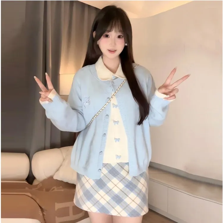 1127胖mm早秋新款设计感假两件刺绣针织衫毛衣翻领遮肉显瘦上衣女