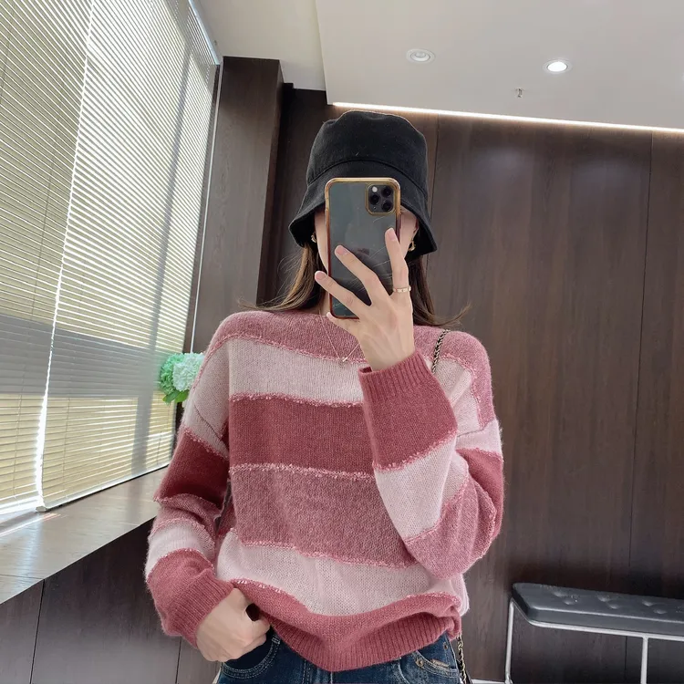 IMFLY金小金自制女装 莱赛尔羊毛衫DYW9723条纹慵懒风女士上衣