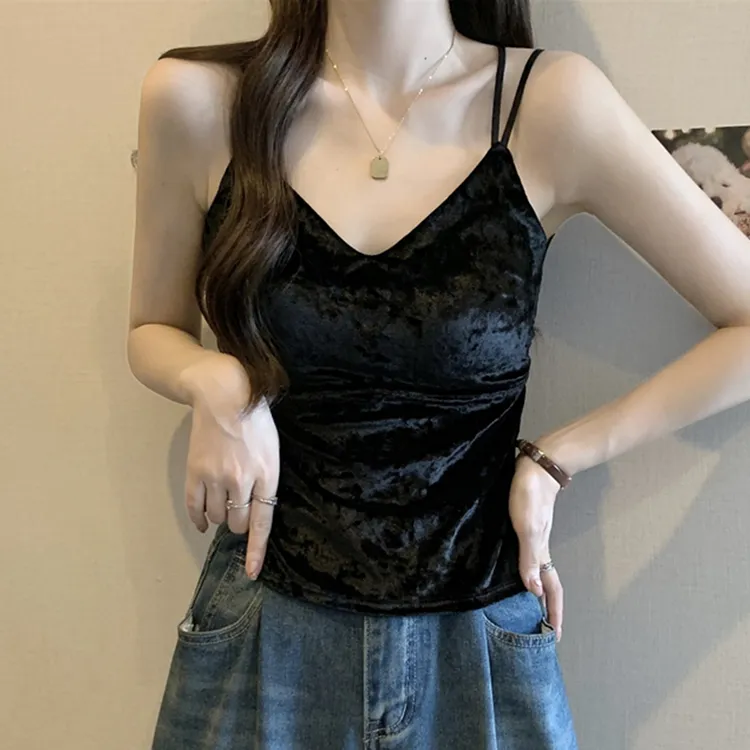 秋冬胖MM金丝绒蝴蝶蕾丝美背吊带背心带胸垫一体内搭外穿打底上衣