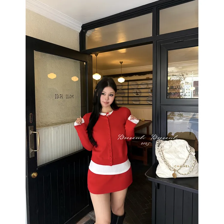 黑泽玄七【财宝甜心】双旦红系列旺中女三件套秋冬基础冬撞色针织线