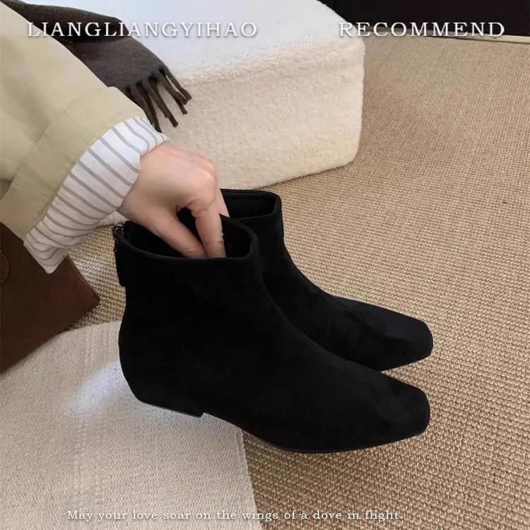 粗跟绒面法式小踝靴方头瘦瘦短靴女鞋2025秋冬季加绒棕色马丁靴子