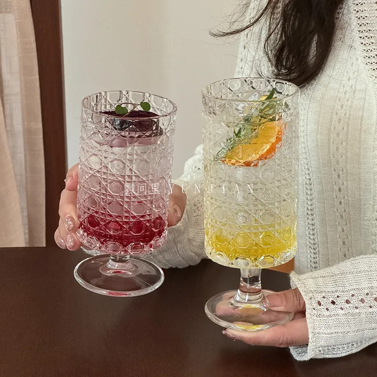 果汁玻璃杯家用高颜值宝石纹直筒杯创意果茶气泡水杯鸡尾酒杯玻璃