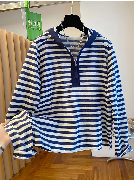 大码胖妹妹条纹连帽长袖T恤女2025新款秋装宽松韩系半拉链上衣