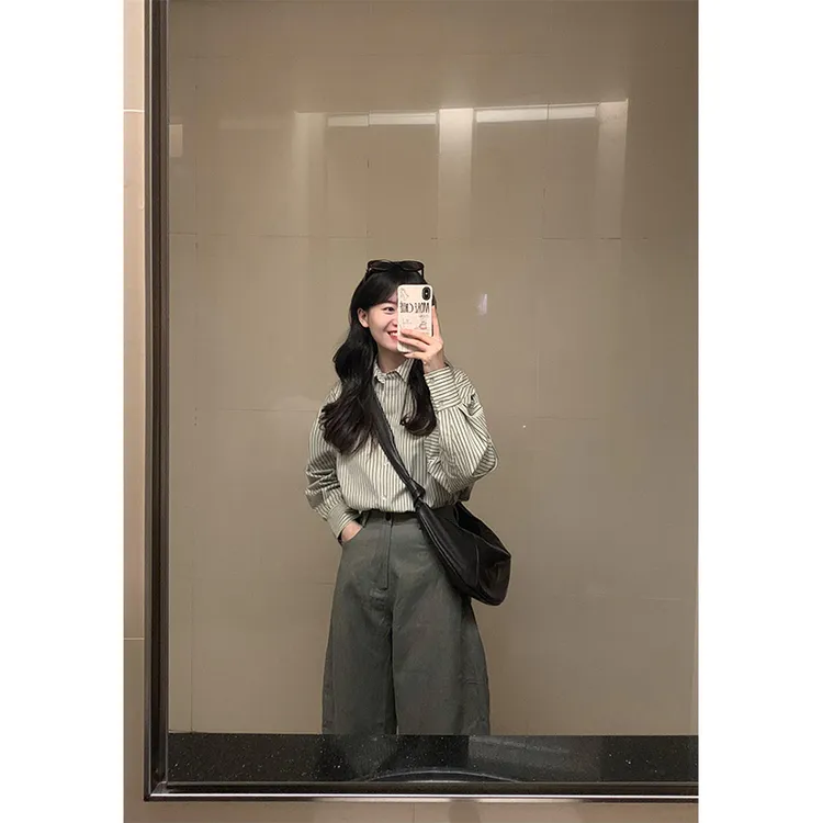 2025新款女士早春季时尚穿搭休闲宽松条纹长袖衬衫上衣高腰阔腿裤