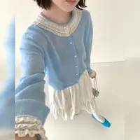 2530现货春秋针织衫长袖开衫蕾丝花边宽松女装气质韩版圆领外套