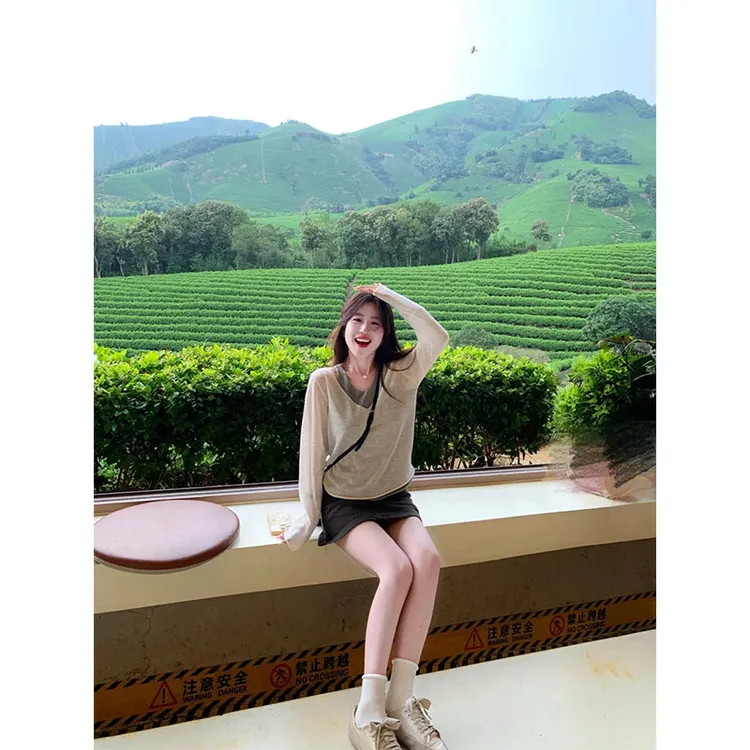 秋季新款长袖防晒T恤吊带背心绝美假两件半身裙包臀裙一步裙短裙