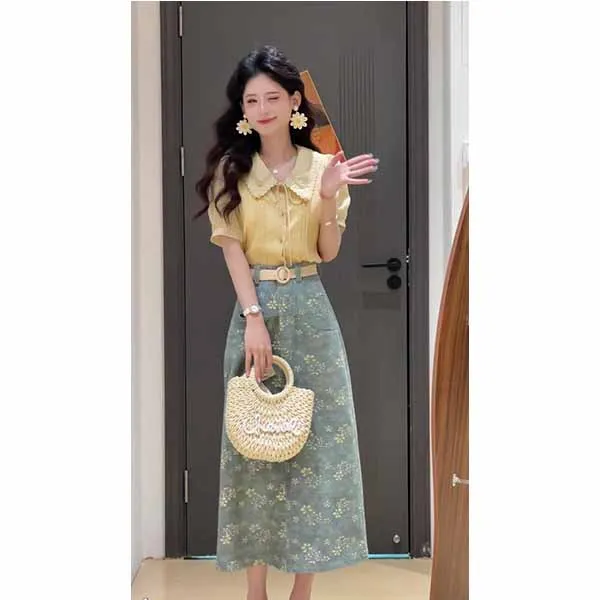 短袖衬衫杏花雨落港风复古印花不规则半身裙女气裙两件套套装