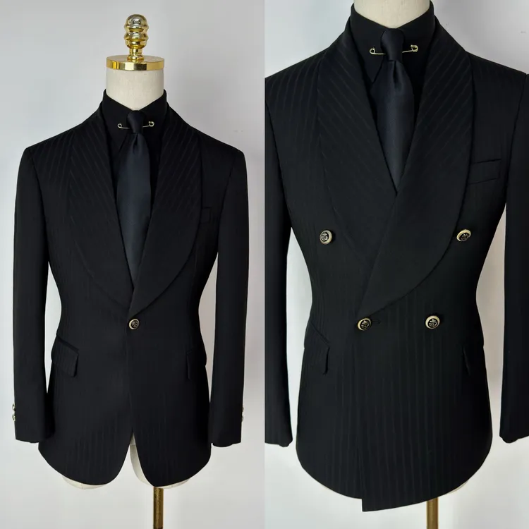 【西蒙曹】-新款男士修身商务条纹塔士多青果领礼服西服  单西服