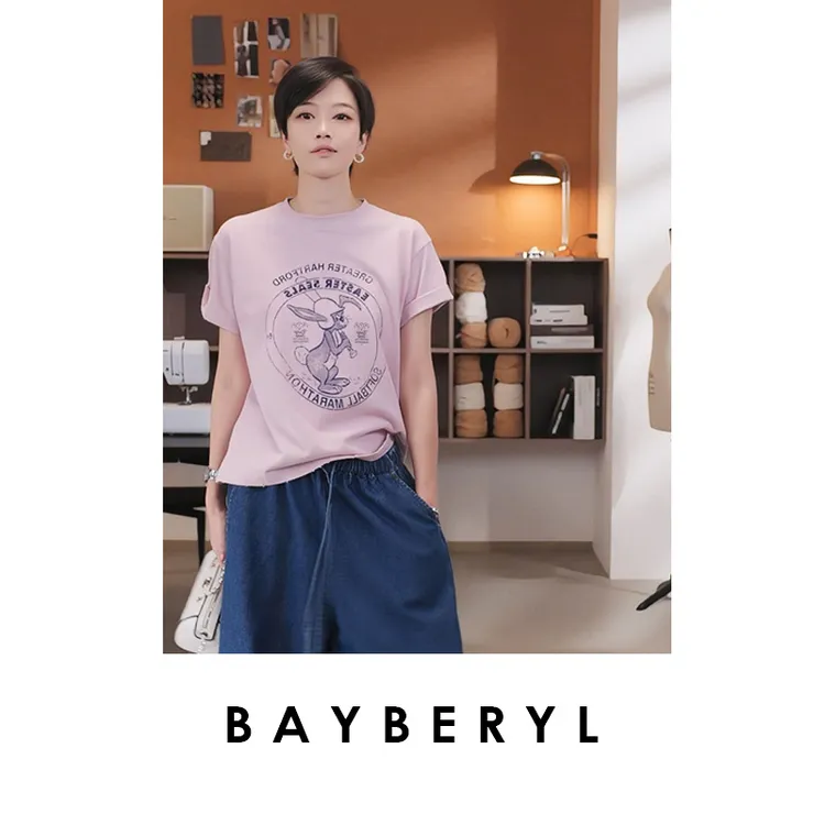 BAYBERYL老贝粉兔子*趣味印花磨破圆领秋棉短袖T恤9NT5E3025