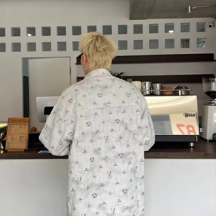 时尚潮流男女同款印花落肩慵懒风长袖衬衫百搭