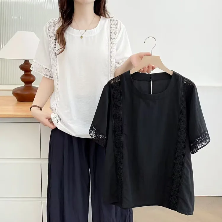 2025年夏季新款时尚百搭大码显瘦圆领镂空拼接常规短袖T恤