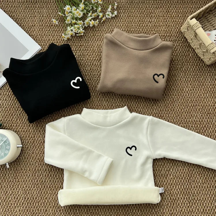 冬季新款爱心加绒加厚保暖高领宝宝打底秋衣时尚简约百搭