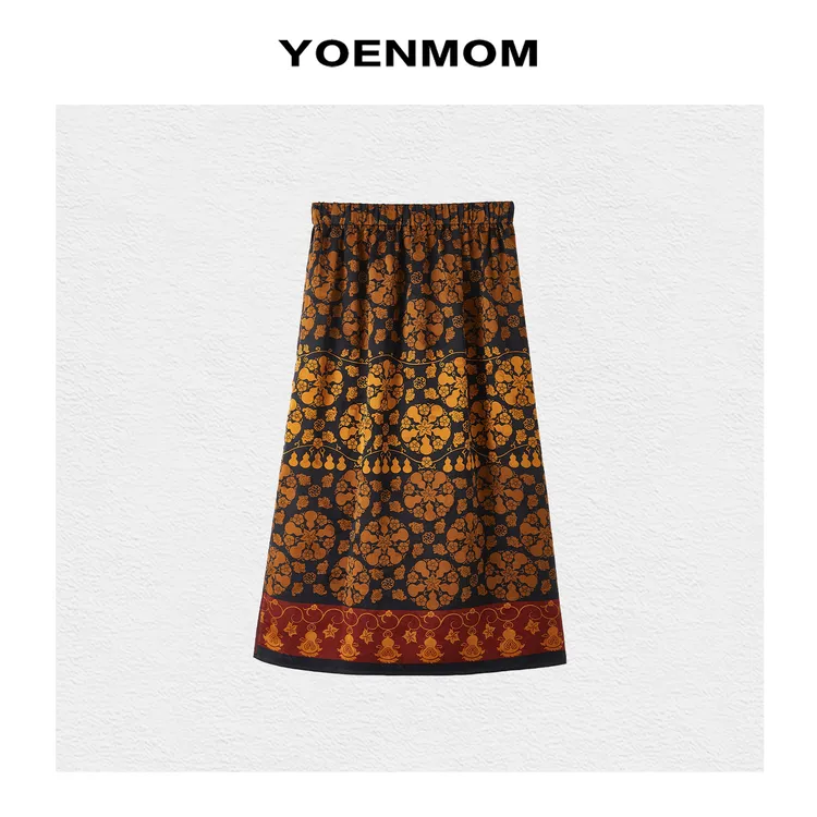 YOENMOM·八宝葫芦·100桑蚕丝香云纱复古国风侧开衩松紧腰半身裙